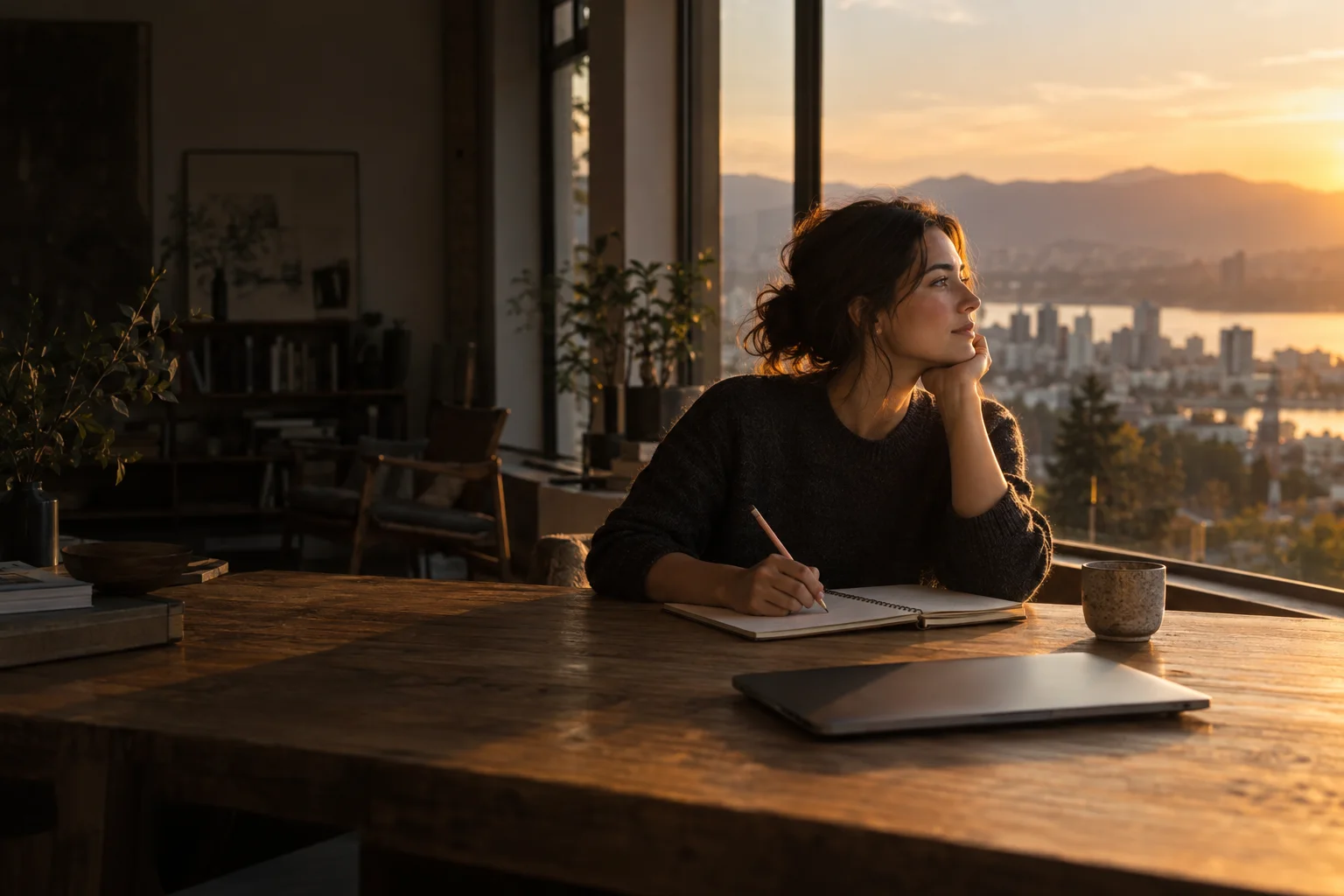 Una profesional hace una pausa para pensar junto a su cuaderno, con luz de atardecer