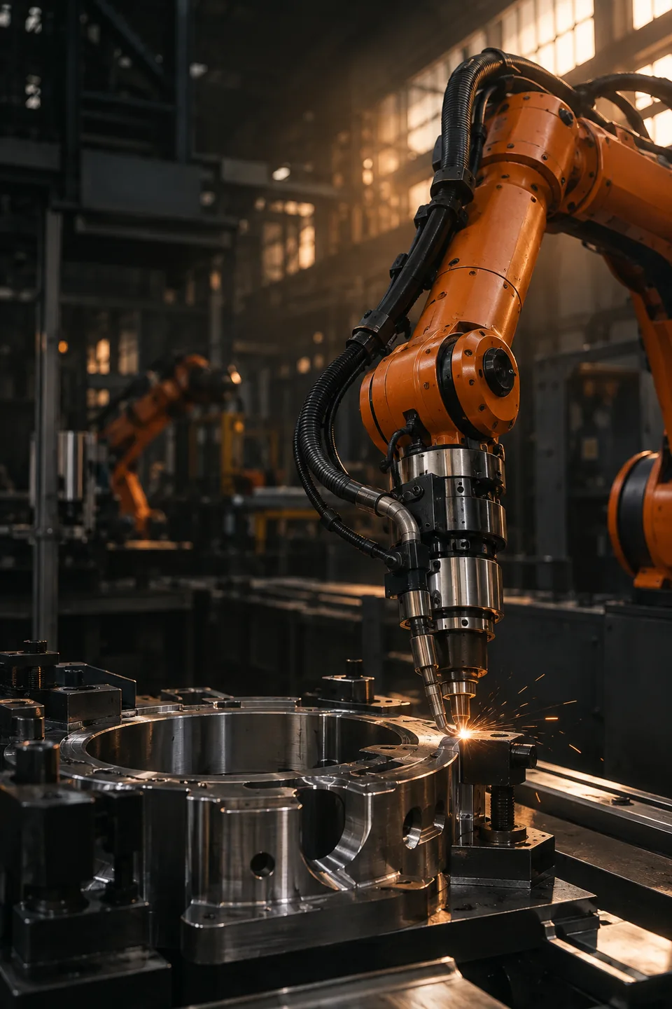 Brazo robótico industrial trabajando con precisión sobre una pieza metálica